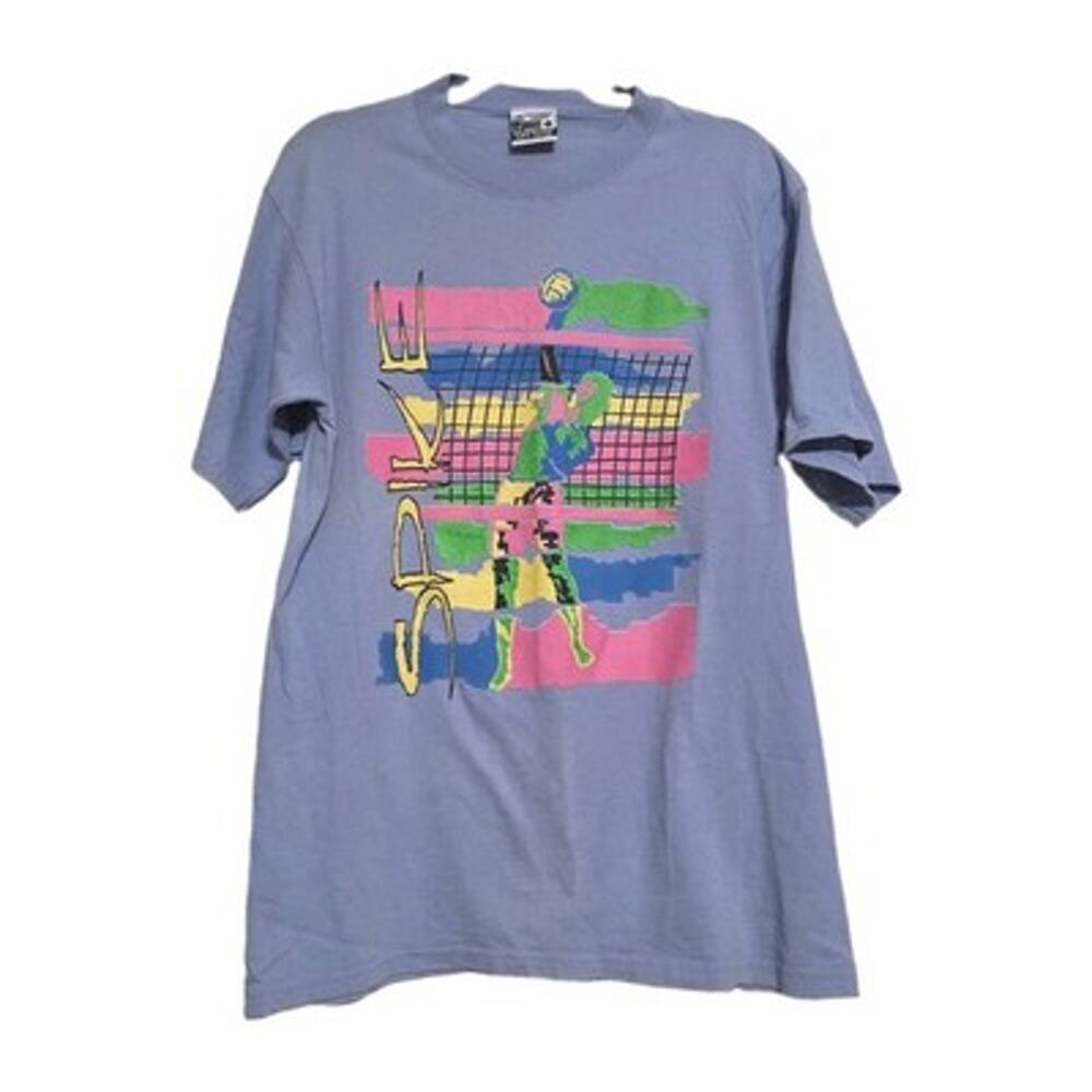 Vintage 90s Spike Volleyball Tshirt Adult XL Periwinkle Neon Graphic Made USA